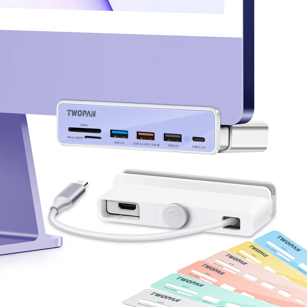 Twopan 7-in-1 USB-C Hub for iMac 2024/2023/2021 M4/M3/M1 with USB 3.2, 4K HDMI 60Hz, SD & MicroSD Card Readers, 7 Color Panels
