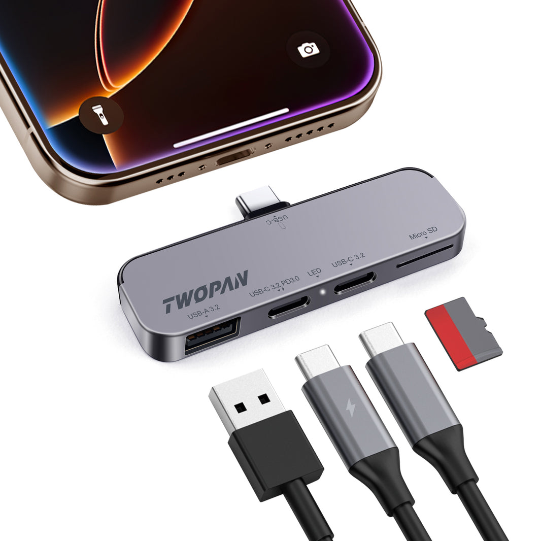 Twopan 4-in-1 USB-C Hub for iPhone 16 15 Aluminum Case with Dual USB-C, Micro SD & USB-A Ports