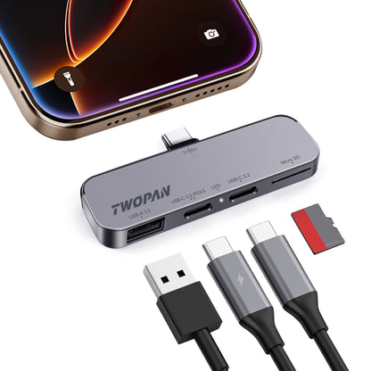 Twopan 4-in-1 USB-C Hub for iPhone 16 15 Aluminum Case with Dual USB-C, Micro SD & USB-A Ports