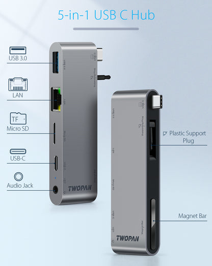 Twopan 5-in-1 USB-C Hub for MacBook Pro/Air M2 with 1000M LAN, Micro SD Reader, USB-C PD & 3.5mm Audio Jack