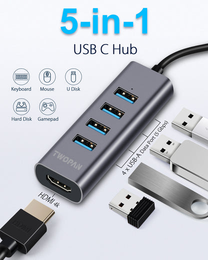 Twopan 5-in-1 USB-C Hub with 4K HDMI & 4 USB 3.0 Ports for Laptop, MacBook Pro/Air, iMac, iPad, Pixelbook, ThinkPad, XPS & USB-C Devices