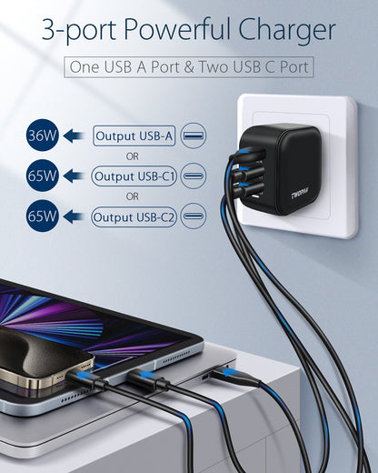 Twopan 65W USB-C GaN Charger 2 USB-C and 1 USB-A Ports