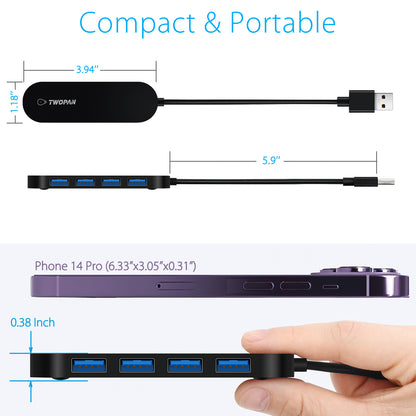 Twopan 4-Port USB 3.0 Hub – Ultra-Slim Multiport Adapter for Laptop, Desktop, Mac, Surface Pro, XPS