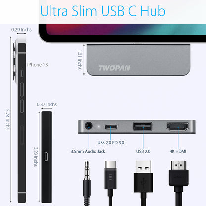 Twopan 4-in-1 USB-C Hub with 4K HDMI, USB-C PD Charging & 3.5mm Audio Jack – Compatible for iPad Pro 2021 M1 (12.9"), iMac 24", MacBook Pro 14"/16" M2 Pro/Max