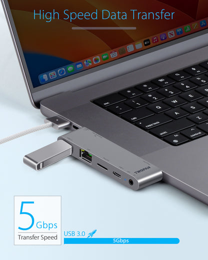 Twopan 5-in-1 USB-C Hub for MacBook Pro/Air M2 with 1000M LAN, Micro SD Reader, USB-C PD & 3.5mm Audio Jack