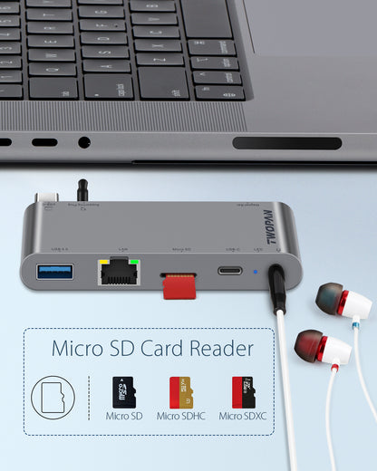 Twopan 5-in-1 USB-C Hub for MacBook Pro/Air M2 with 1000M LAN, Micro SD Reader, USB-C PD & 3.5mm Audio Jack