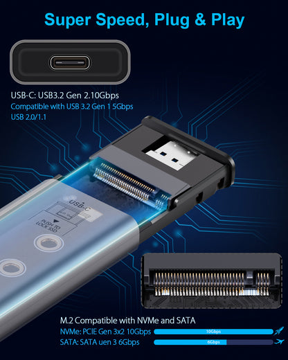 Twopan Aluminum M.2 NVMe & SATA SSD Enclosure Tool-Free USB 3.2 Gen 2 (10Gbps) for 2230/2242/2260/2280, Compatible with iPhone 16/15, MacBook, iMac & More