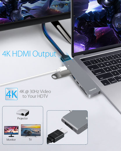 Twopan 7-in-2 USB-C Hub for MacBook Pro & Air 4K HDMI PD Charging, USB 3.0, SD/TF Card Reader