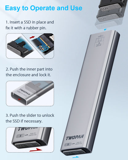 Twopan Aluminum M.2 NVMe & SATA SSD Enclosure Tool-Free USB 3.2 Gen 2 (10Gbps) for 2230/2242/2260/2280, Compatible with iPhone 16/15, MacBook, iMac & More