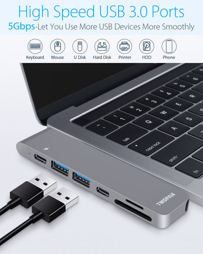 Twopan 7-in-2 USB-C Hub for MacBook Pro & Air 4K HDMI PD Charging, USB 3.0, SD/TF Card Reader