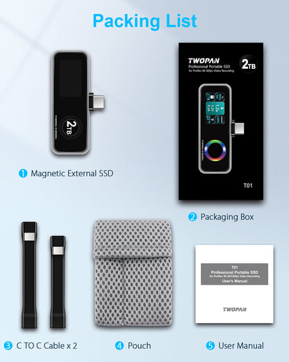 Twopan Portable SSD 2TB with LCD Display Cooling Fan Charging Port Supporting Apple 4K ProRes