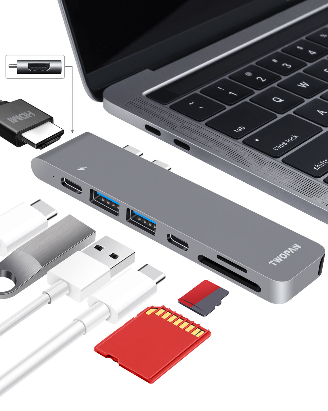 Twopan 7-in-2 USB-C Hub for MacBook Pro & Air 4K HDMI PD Charging, USB 3.0, SD/TF Card Reader